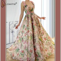 sexy formal dress floral print evening dresses a line handmade flowers sash deep v neck evening gowns abendkleider longue robes