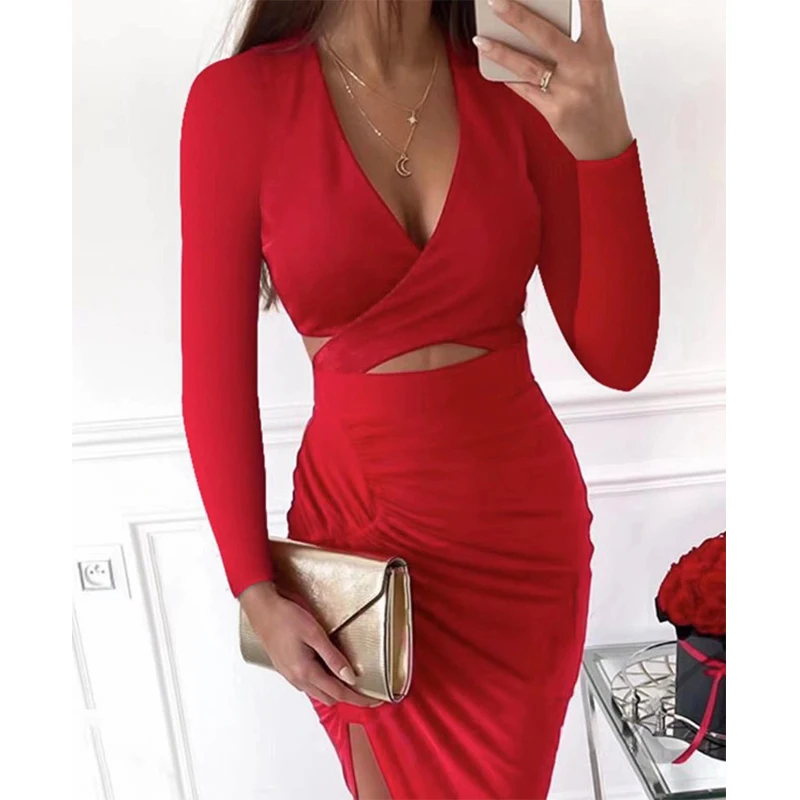 

YENKYE New Spring Women Fashion Hollow Out Asymmetrical Knit Red Dress Female Cross V Neck Long Sleeve Party Sexy Dress Vestido