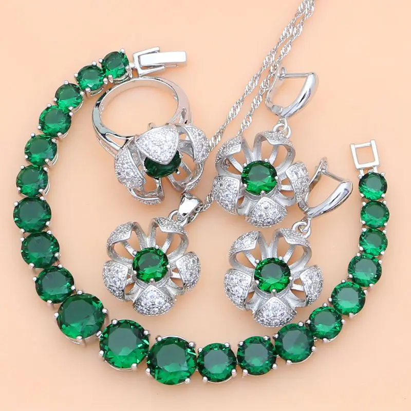 

Flower Shaped 925 Sterling Silver Jewelry Green Zircon White CZ Jewelry Sets Women Earrings/Pendant/Necklace/Rings/Bracelet T225
