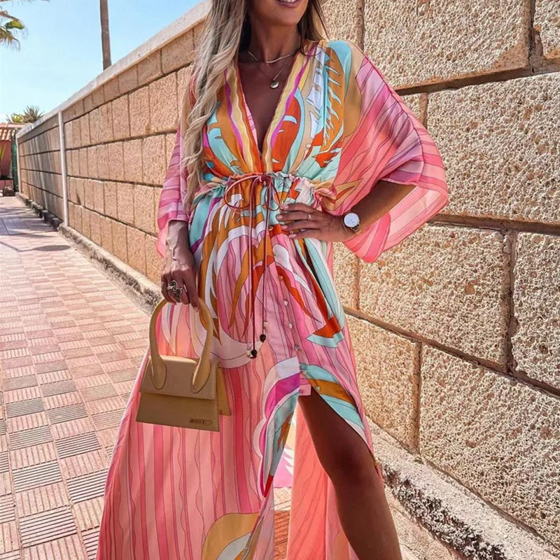 

Women's Summer Retro Print Dresses Split Flowy Tunic Maxi Dress 2021 Deep V-Neck Beach Evening Party Dresses Sundress vestidos