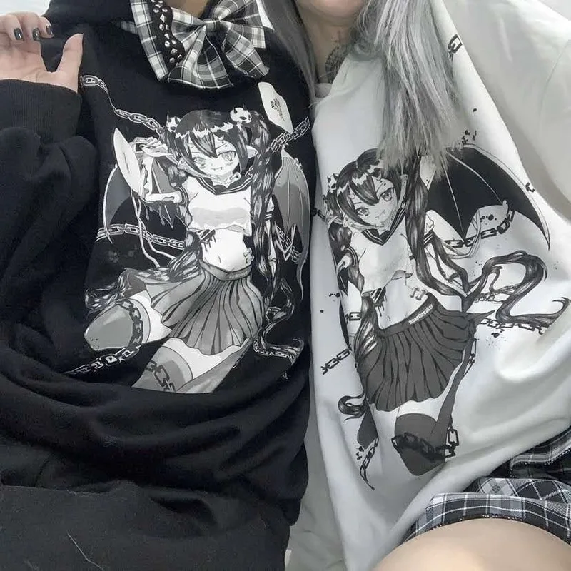 

QWEEK Kawaii Anime Hoodie 2021 Fashion Spring Japanese Streetwear Women Vintage Hoodie Japanese Cute Long Sleeve Tops