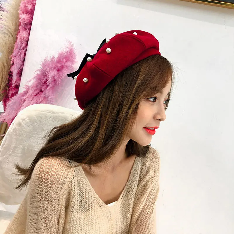 

Winter Hat Knitted Wool Beret Warm Bonnet Female Cap Pearl Berets Hats For Women Beading Ski Boina Painter Gorras
