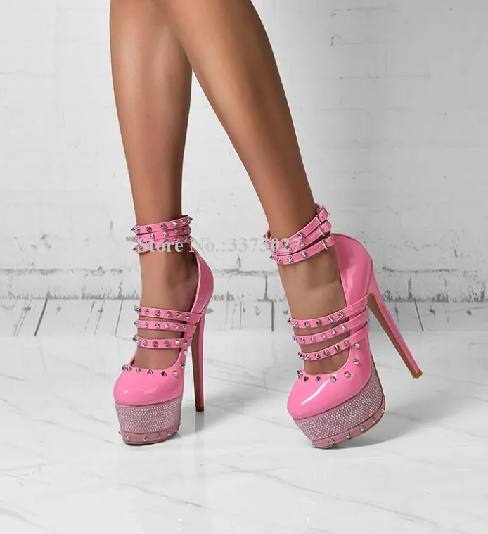 

Туфли женские из лакированной кожи, пикантные туфли-лодочки на платформе, с заклепками, кристаллами, пряжка на щиколотке, классические, розовые