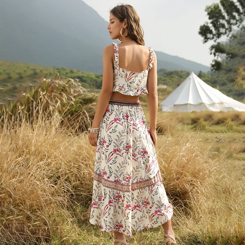 

2 Pcs Bohemia Beach Dress Summer Bikini Cover Up Bowknot Crop Top+irregular Skirts Beach Dress Floral Saida De Praia Beachwear