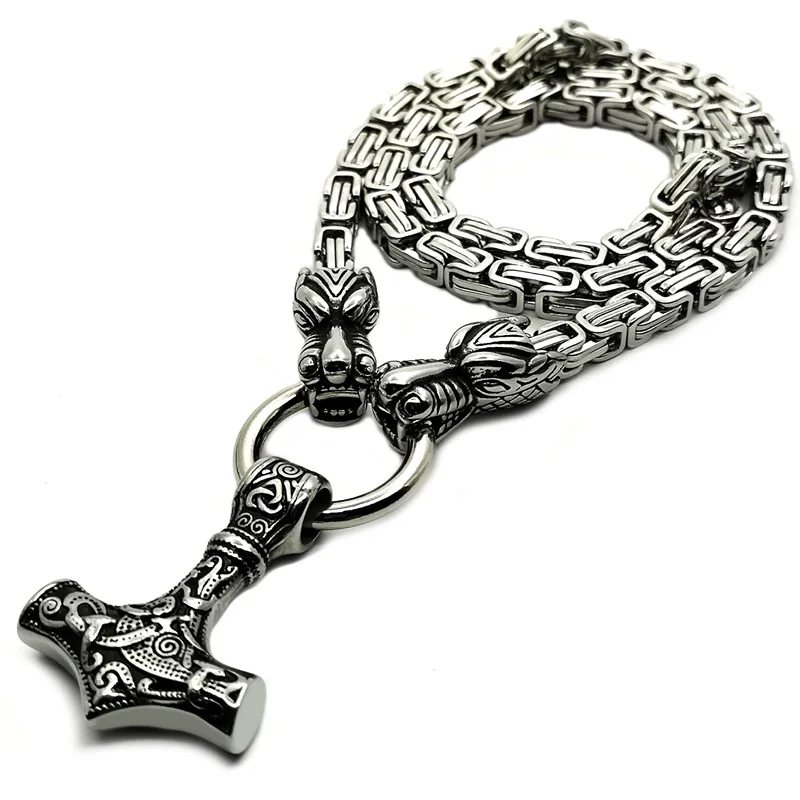 

2020 New Men stainless steel Wolf head chain norse viking amulet thor hammer pendant necklace viking king chain