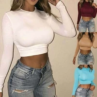woman tshirts womens casual round neck bottoming long sleeve shirt ladies high elasticity pure color crop tops