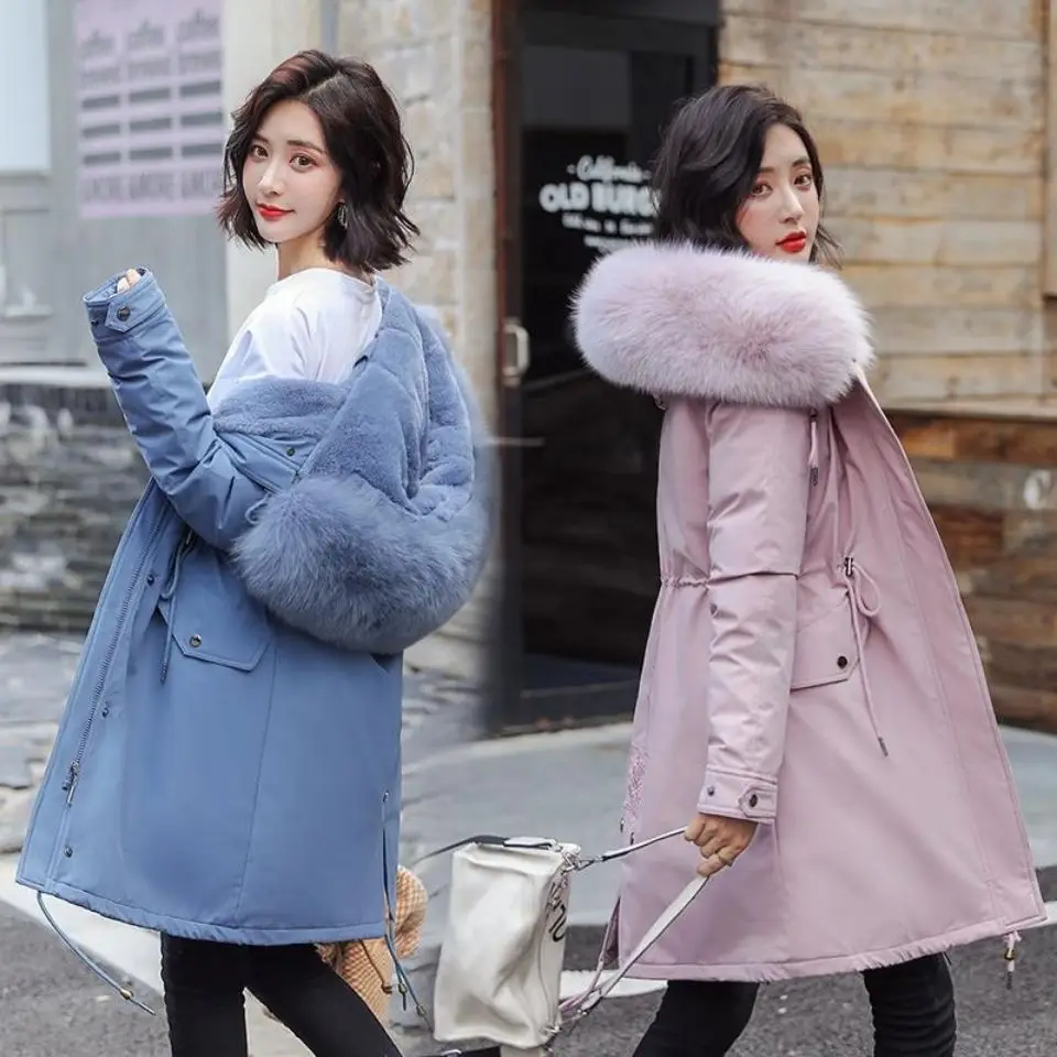 

2020 Down Jacket Women New Cotton Liner Winter Parka Coat Parker Fashion Adjustable Waist Fur Collar Medium Long Hooded