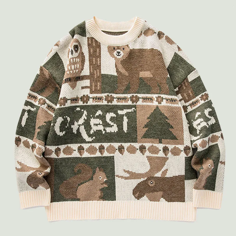 

Hip Hop Owl Bear Pattern Patchwork Knitted Sweaters Mens Harajuku Streetwear Oversize Casual Loose O-Neck Pullover Unisex Tops