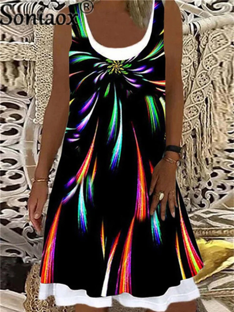 

Women Fake Two-Piece Print Dress Single-Breasted A Line Round Neck Sleeveless Casual Dress Daily Wear Summer Clothes Women 2021