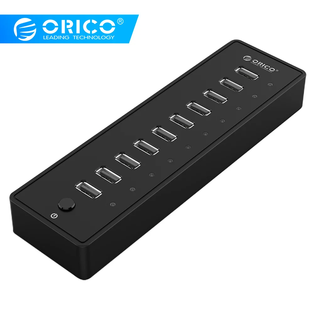 ORICO 10 портов USB 2,0 концентратор Мульти USB разветвитель адаптер высокоскоростной концентратор расширитель с 12V2. 5A источник питания светодиодный светильник для портативных ПК