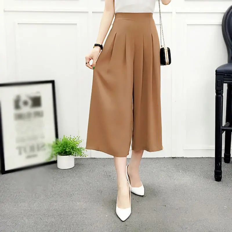 

Women's Casual Summer Chiffon High Waist Elastic Wide Leg Loose Calf-Length Pants