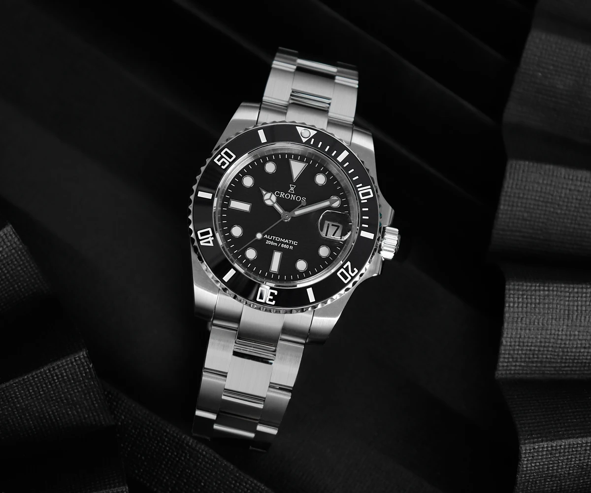 

Cronos Automatic Diving Watch 20bar Waterproof Luxury Brand SW200 Movement Mechanical Watch Men 45mm Black Dial Steel Stianless