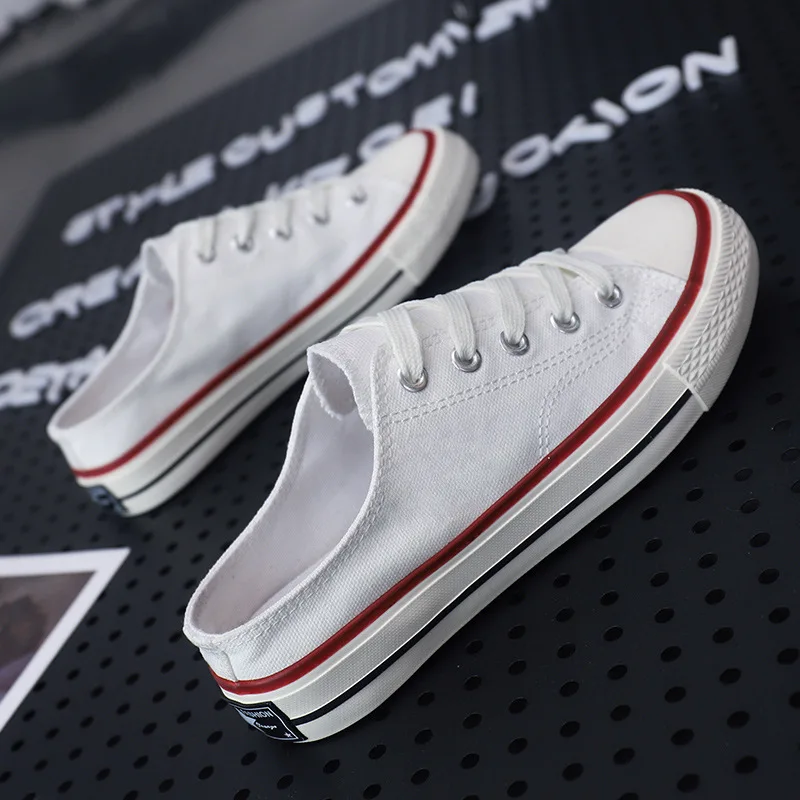 

New Women Vulcanized Sneakers Breathable Flat Casual White Shoes Woman Spring Summer Canvas Half Slippers Shoes Canvas Shoes