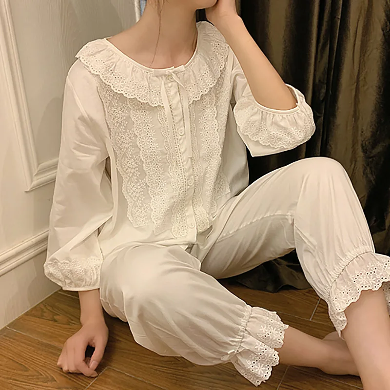 

Women Lolita Multilayer Lace Pajama Sets Cotton Ruffles Tops+Long Pants Vintage Lady Pyjamas Set.Victorian Sleepwear Loungewear