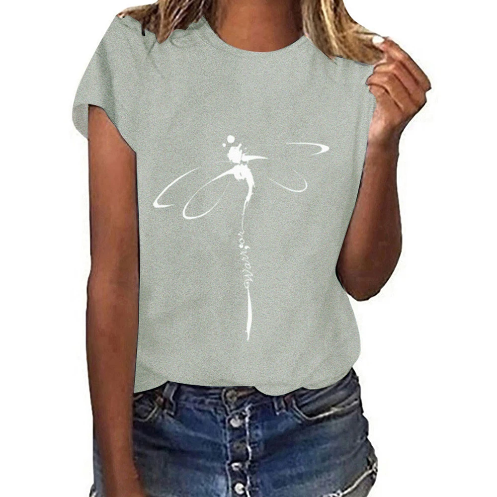 

Summer Women Dragonfly Print Casual Tops Short Sleeve O Neck Solid T-shirt Ladies Basic Tees Female Drop Shoulder Loose Pullover