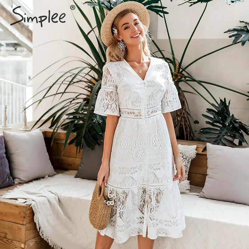 Женское ажурное кружевное платье Simplee белое с v образным вырезом и высокой талией
