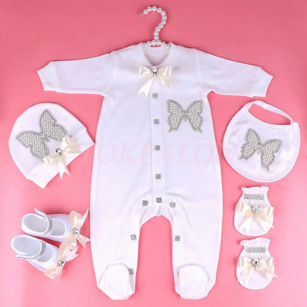

Newborn baby clothes set 0-3 month baby girl boy clothes pearl butterfly jumpsuit rhinestone bow pajamas outfit gift new 2020