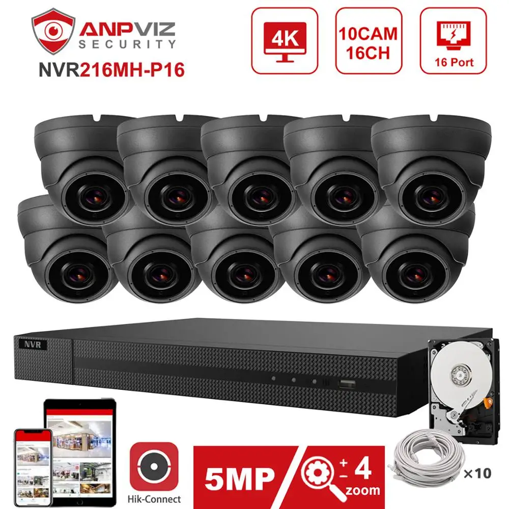 Hikvision OEM 16CH 4K NVR Anpviz 10 шт. 5MP 4X POE IP система безопасности для помещений/улицы камера