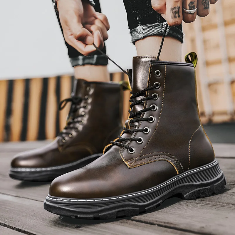 

New Martin Boots Men Leather Autumn Winter Casual Shoes Lace Up Ankle Boots Fashion Man Black High Top Motorcycle Boots