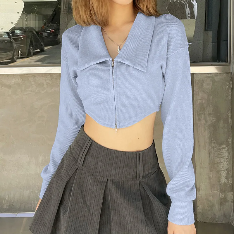 

Женский свитер, модный однотонный вязаный кардиган, повседневные женские топы-трубы на молнии с длинным рукавом и открытым пупком, уличная ...