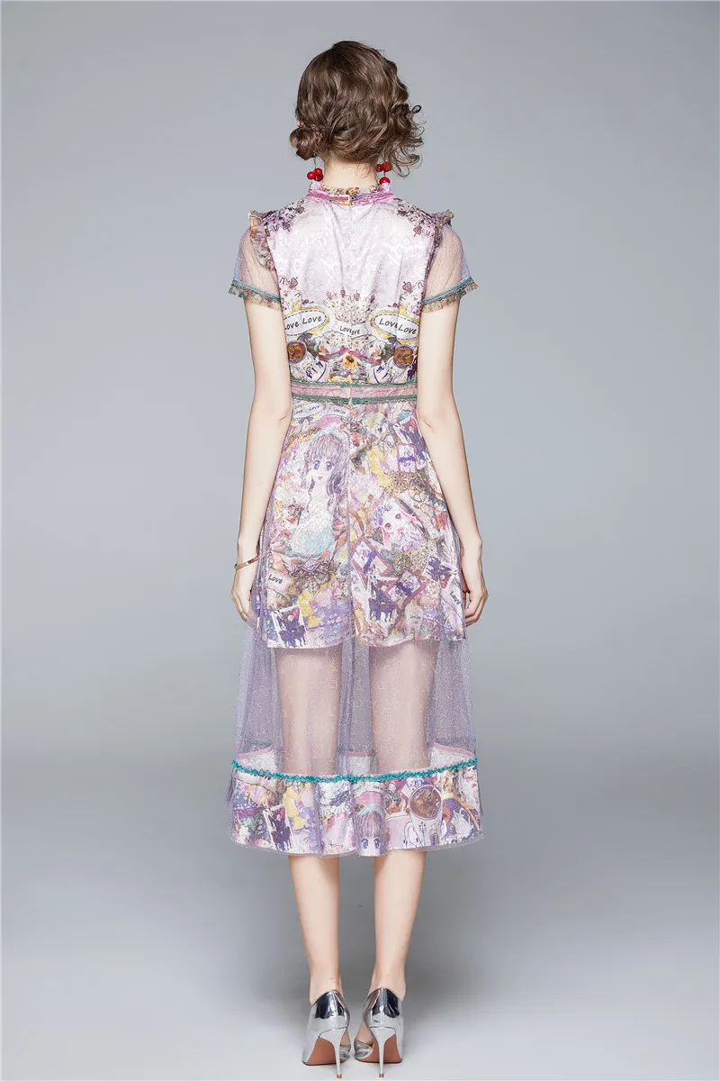

Fashion Designer Women Dress Woman Summer Purple Elegant Sexy Mesh Print Dress Female High Quality Wedding Party Dresses Vestido
