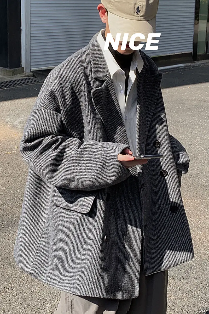 

2020 Spring And Autumn New Youth Popular Men's Loose Large Size Woolen Suit Fashion Casual Double-breasted Top Gray/Dark Gray