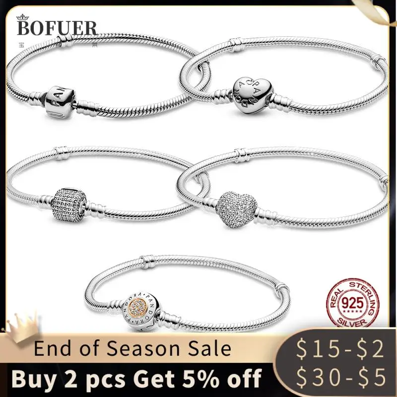 

TOP SALE Authentic Bracelet Femme 925 Sterling Silver Heart Snake Chain Bracelet For Women Fit Original Charm Beads Jewelry Gift