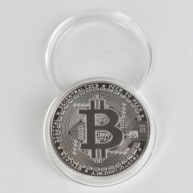 Золотые/Серебрянные хромированные длинные Bitcoin Бит монета BTC с Чехол