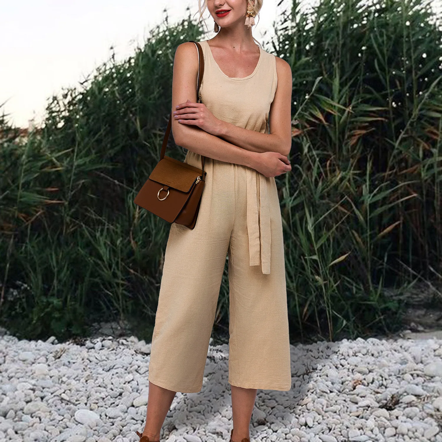 

ZOGAA Casual Loose Cotton Linen Jumpsuit Summer Solid Sleeveless Vest Conjoined Wide Leg Pants Straight Sashes Lace Up Jumpsuit