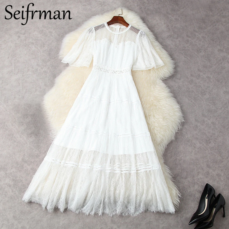 

Seifrmann Summer Women New 2021 Fashion Runway Party Long Dress Butterfly Sleeve Lace High Waist White Print Ladies Dresses