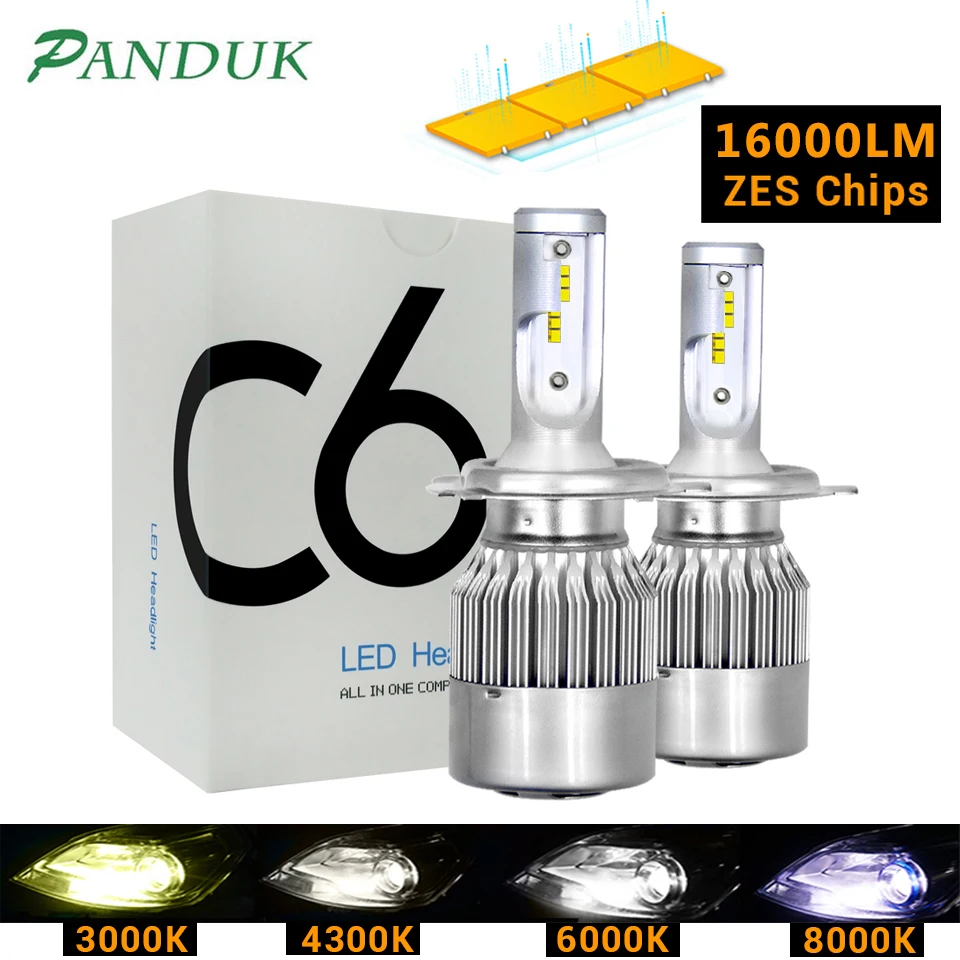 PANDUK ZES Chips LED Headlight LED H7 H4 Car Light Bulbs H1 H11 H3 9005 9006 HB4 16000LM 12V 3000K 4300K 6000K Fog Auto Lamp C6