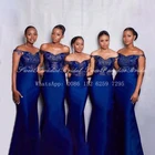 Женское платье подружки невесты, длинное платье синего цвета с открытыми плечами и аппликацией из бисера, платье подружки невесты в африканском стиле