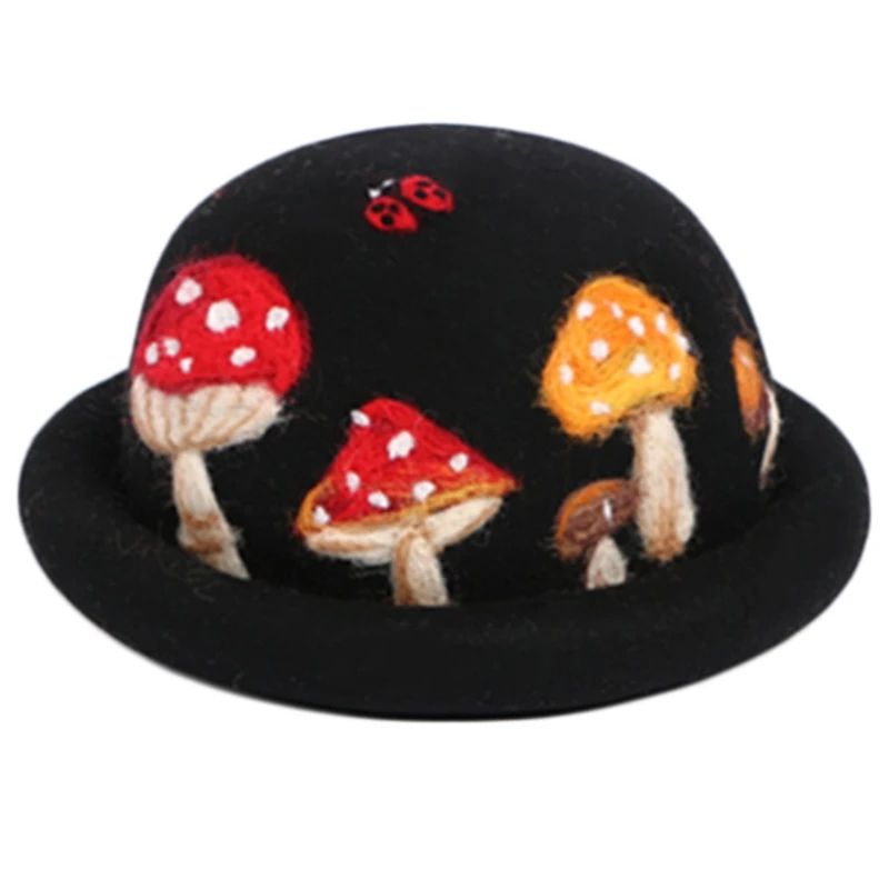 

Parent-Child Winter Autumn Faux Wool Felt Jazz Hat Cute Cartoon Mushroom Ladybird Embroidery Vintage Prom Bucket Cap