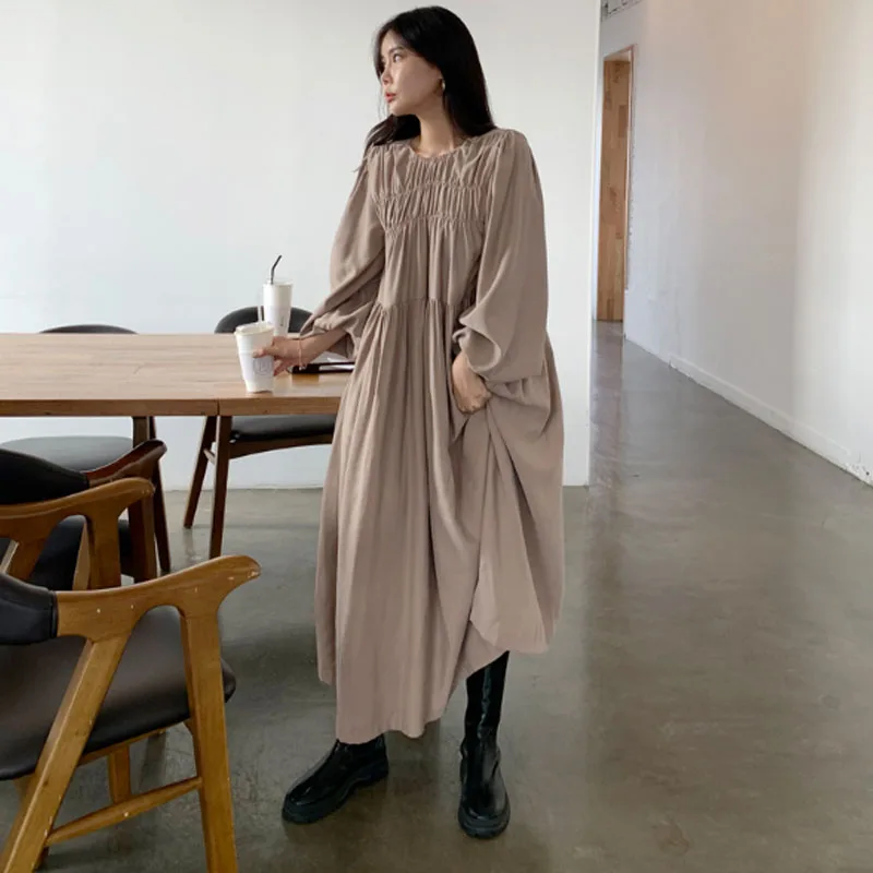 

Spring And Autumn 2021 Woman Plus Size Long Dress Vintage Full Sleeve O-Neck Loose Solid Color Casual Ladies Dresses Elegant