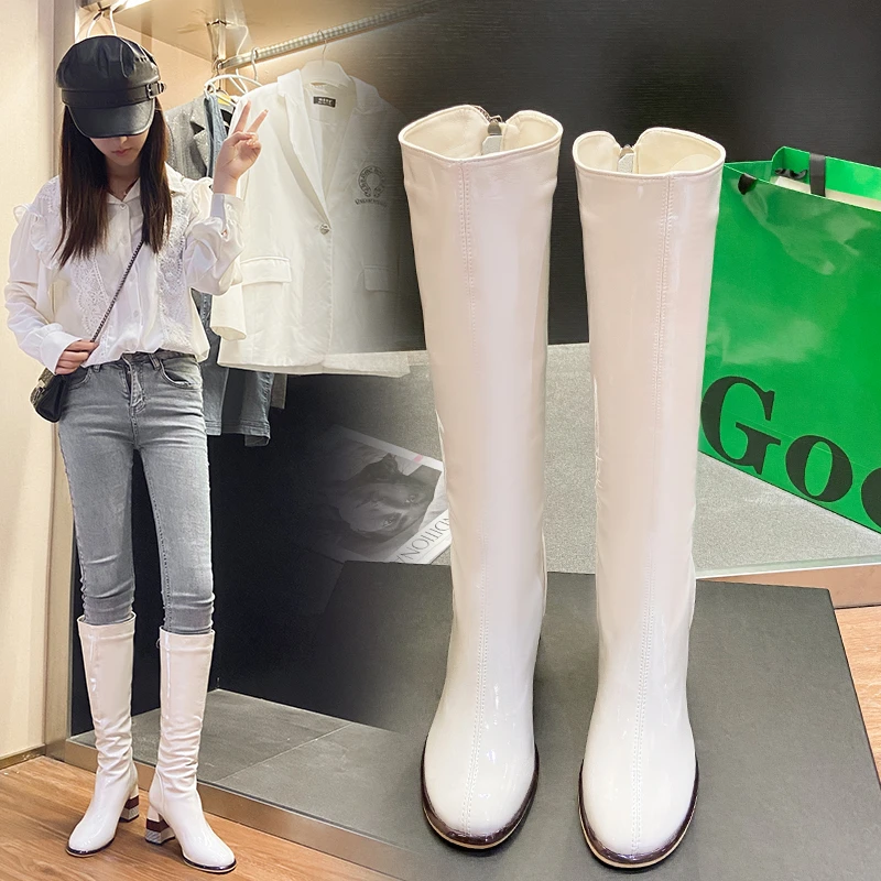 

Новинка 2021, Высококачественная обувь из лакированной кожи, женские сапоги до колена, модные женские сапоги Челси на толстом высоком каблуке...