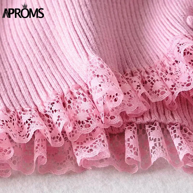 Aproms милый розовый кружевной ребристый вязаный кардиган женский осенний Мягкий