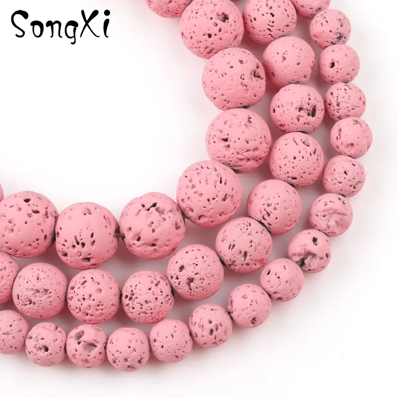 Натуральный розовый камень лавы вулканический Круглые бусины для браслета