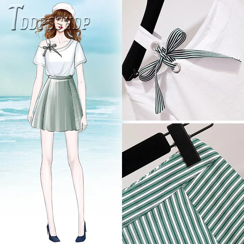 Женский комплект в французском стиле белая футболка и юбка полоску 2019 |