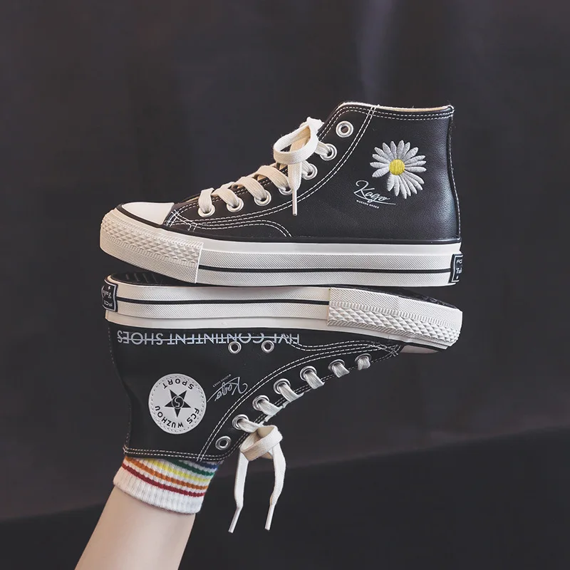 

2021 Fashion Trends Women Shoes Leather Daisy Embroidery Solid Color Girl White Sneakers Casual Chic High Top Lace 35-40 Spring