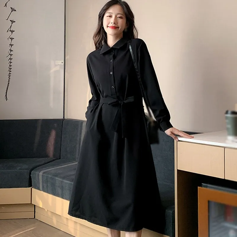 Черные Французские платья в ретро стиле Осеннее черное платье с отложным