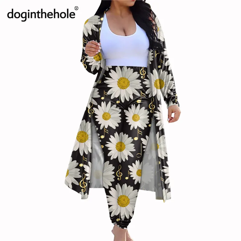 

Elegant Autumn Fashion Women Set Female Cardigan Tops Daisy Music Note Print Long Sleeve Cardigan Bodycon Pants 2 Piece Suits