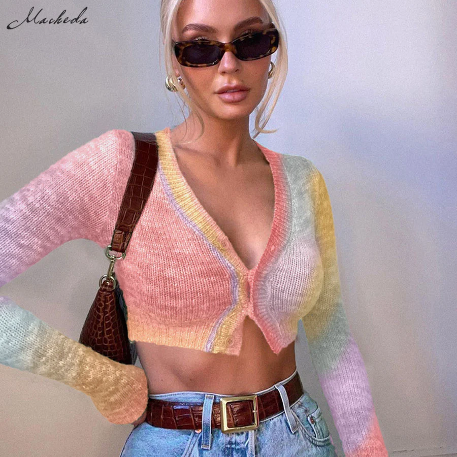 

Macheda Women Autumn knitting Top Fashion V Neck Long Sleeve Slim Single Breasted Printing Streetwear Casual Lady Crop Top