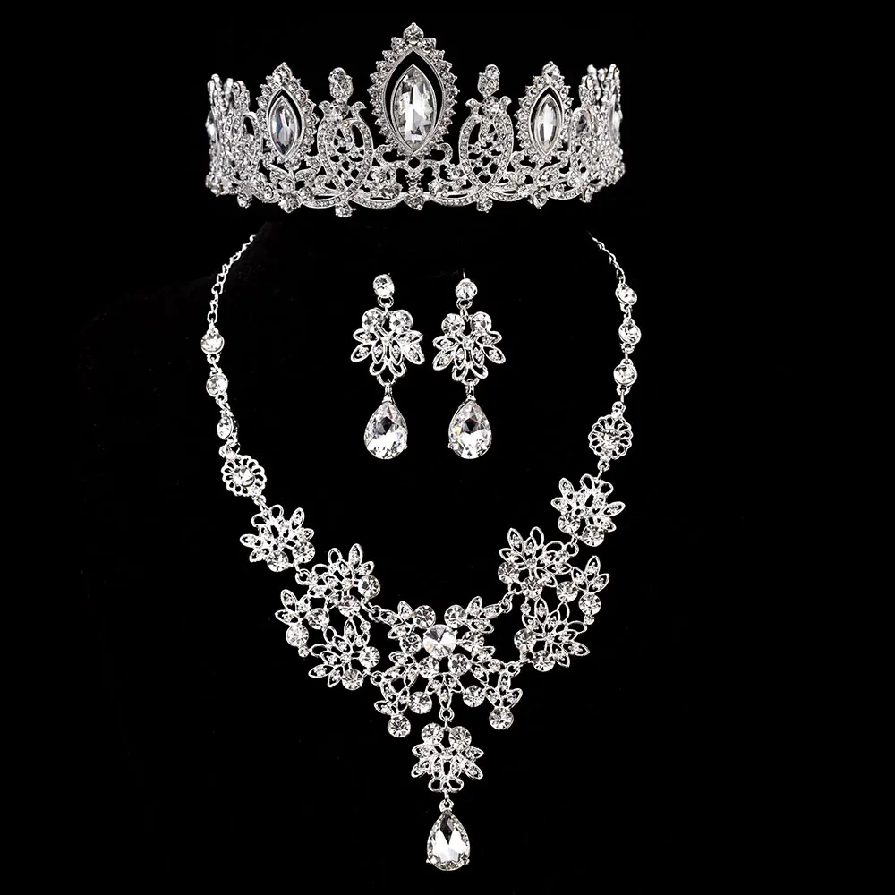 

3PCS Luxury Water Drop Crystal Bridal Jewelry Sets Wedding Crown Tiaras Earrings Necklace Set African Beads Jewelry Set