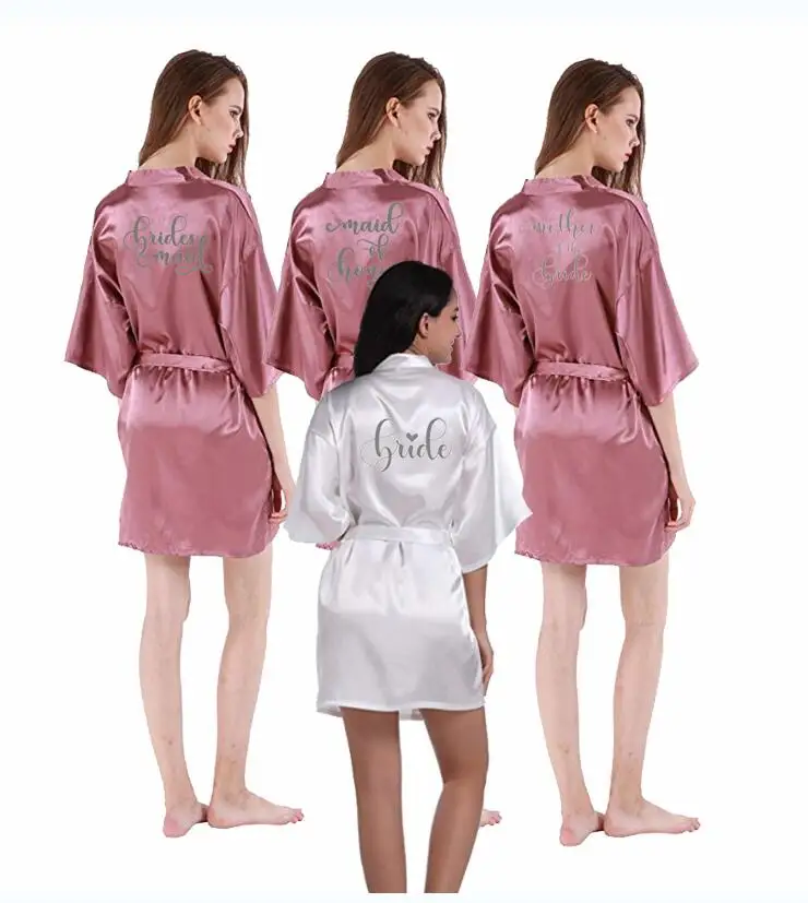 Темно-розовый халат Серебряное кимоно с буквами атласная пижама Свадебный