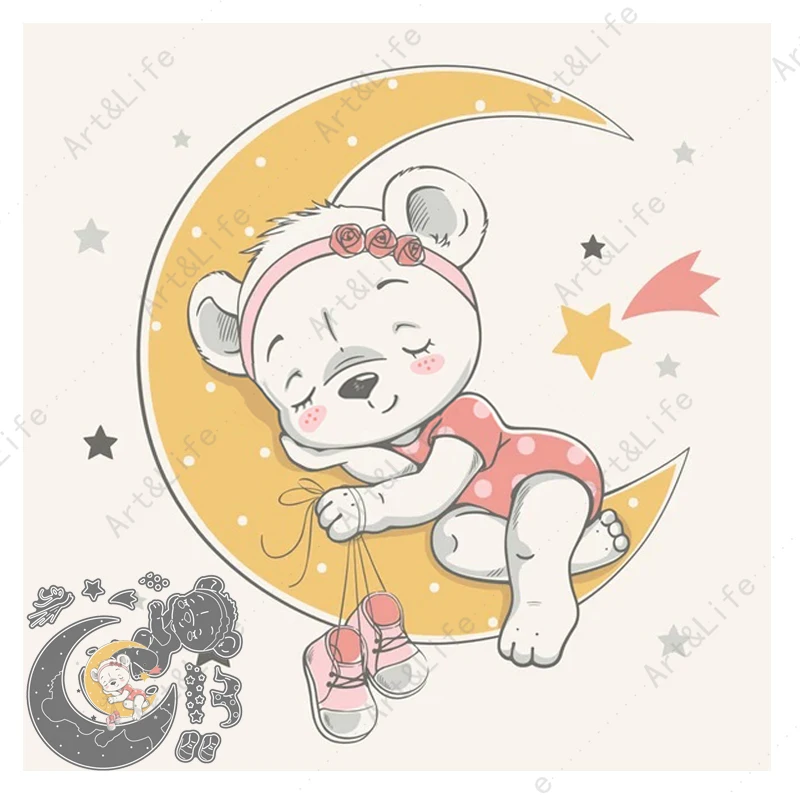 

Cute Sleeping Bear Moon Baby 2022 New Metal Cutting Dies Stencils for DIY Scrapbooking Album Birthday Cards Embossing Cut Die