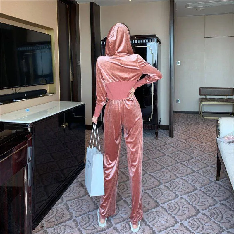 Сексуальный тонкий бархатный костюм розовая Женская толстовка с капюшоном