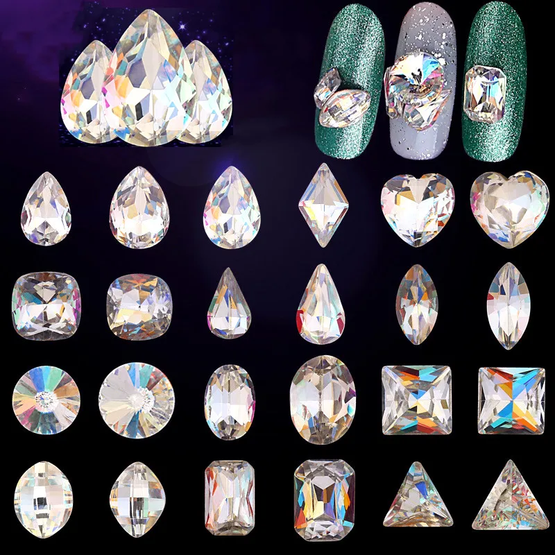 

Стразы для дизайна ногтей 10 шт./компл., Блестящие кристаллы 3D, блестящие стеклянные драгоценные камни, зеркальные водяные Стразы для маникюр...