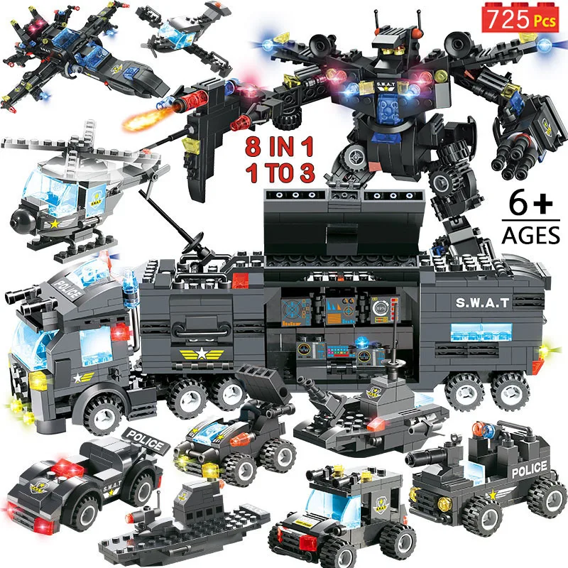 8 в 1 Городской спецназ грузовик Робокар Поли строительные блоки маленького