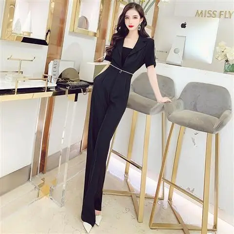 

Women 2021 Summer Elegant Jumpsuits Female Short Sleeve Notched Long Pleated Wide Leg Overalls Lady Office Rompers Bodysuit U110