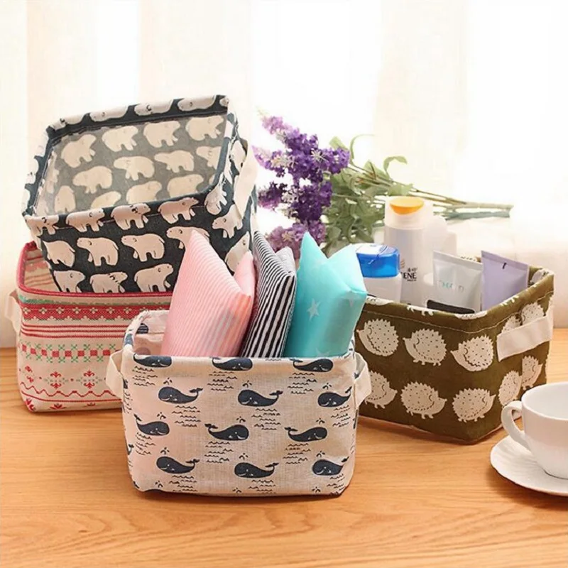 Коробка для мелких вещей с ручкой Настольная складная корзина милым